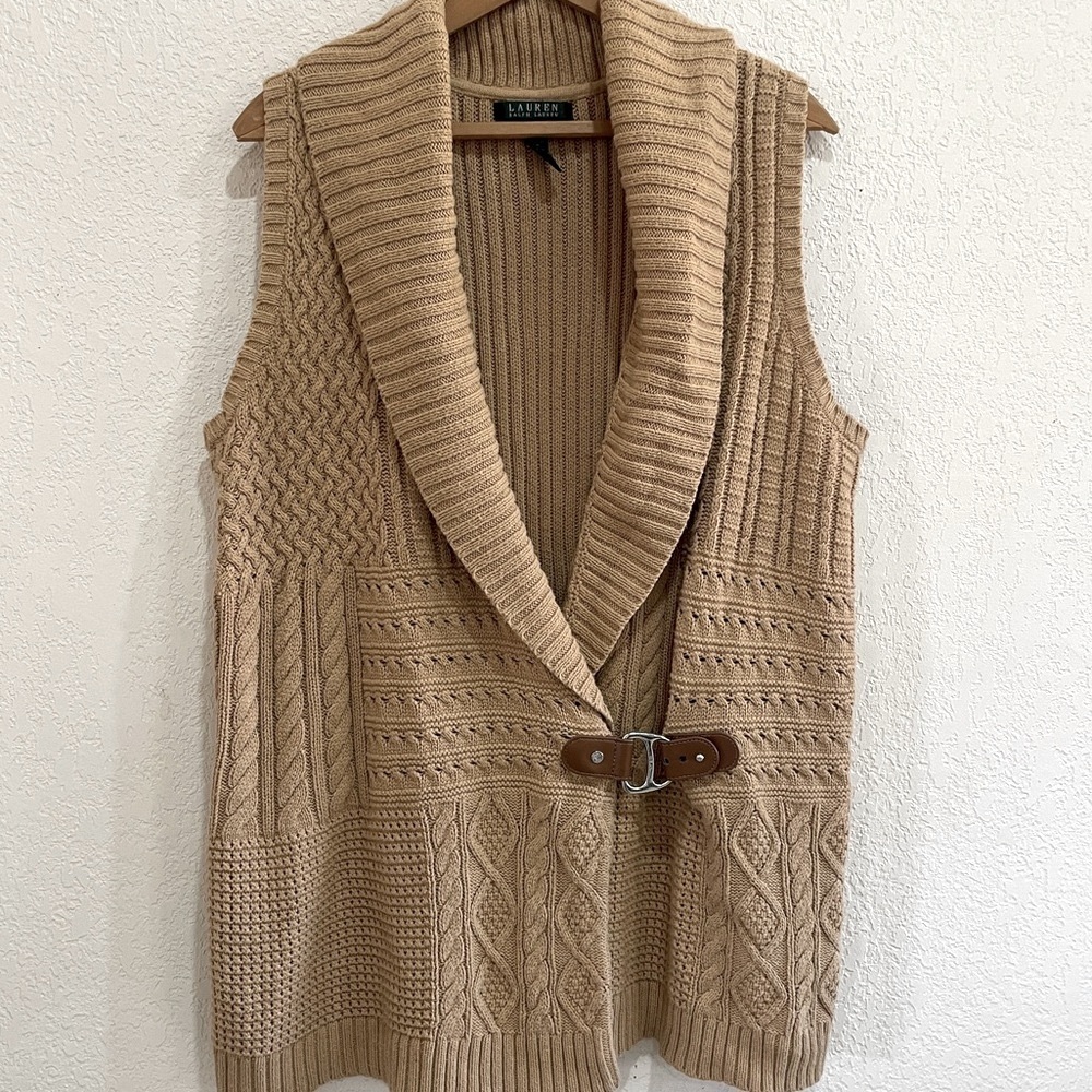 Laurn RALPH LAUREN Women's Sleeveless Cable Knit Buckel Brown Sweater Size 2X